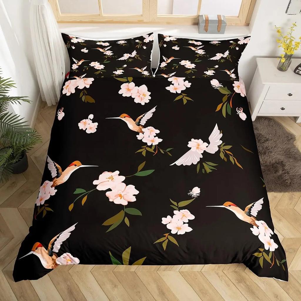 Kolibri Blumen Bettbezug Vögel Bettwäsche Set Blau Grün Frühling Wildtiere Botanisch Bettdeckenbezug Polyester Steppdeckenbezug