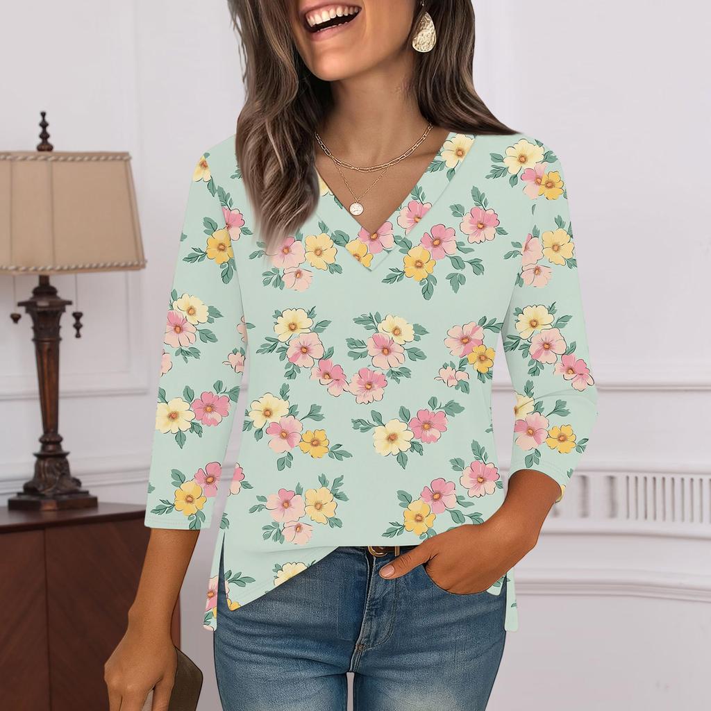 3/4 Sleeve Shirts For Women  Print Graphic Tees Blouses Casual Plus Size Basic Tops Pullover