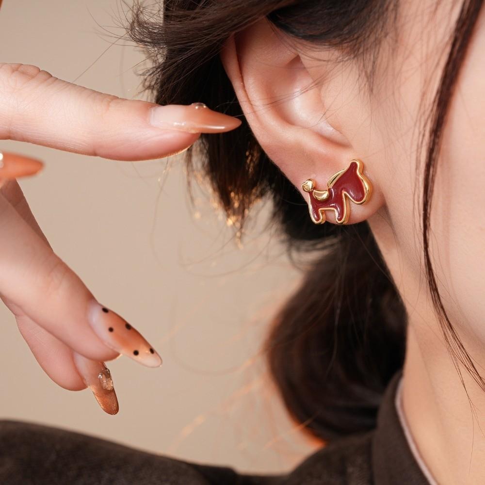 Chinese Style Red Pony Earrings Cartoon Horse Horse Mascot Ear Studs New Year Horse Earrings  Party