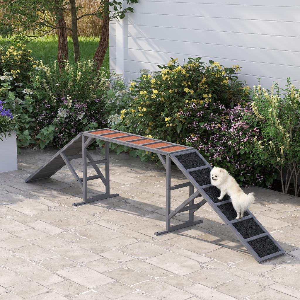 Dog Agility Ramp with Safety Bar Non-Slip Surface Weatherproof Agility Equipment Up To 40 Kg 335x55x60 Cm Grey