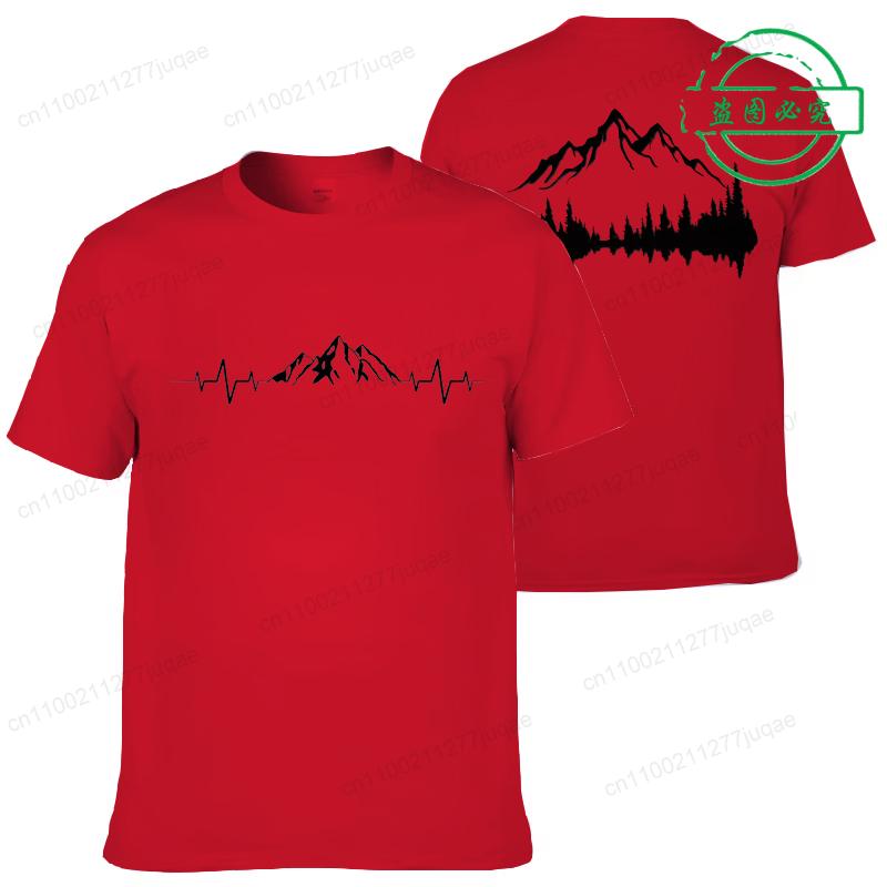 Summer Men's Clothing Casual Loose Tees Mountains and Trees Print Sports O Neck Short Sleeve T-shirt Mountains Heartbeat Tops