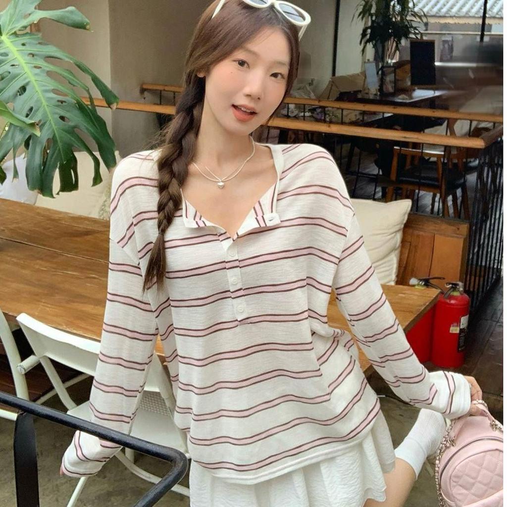 Lightweight Korean Style Sun Protection Shirt Stripe Long Sleeve T-Shirt Women's Summer Loose Casual Top Slightly See-through