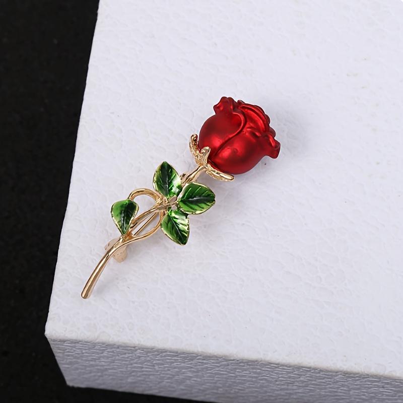 [Red Rose Brooch] Elegant Red Rose Alloy Brooch with Green Leaves | Chic Collar Pin for Dresses, Sweaters & Coats | Perfect Gift for Birthdays, Mother