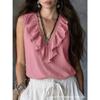 Women V neck ruffle sleeveless tank top solid pink loose boho casual camisole