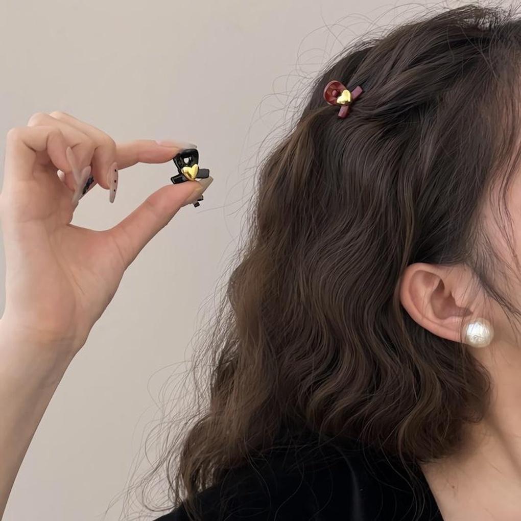 Women s Heart Ribbon Mini Bangs Clip Hairpin black