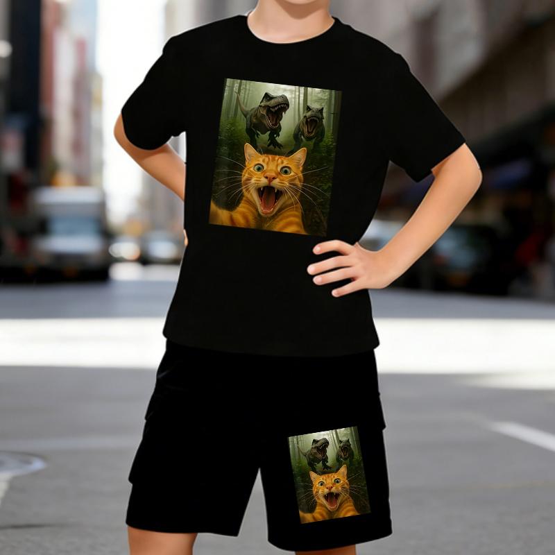

Boys 2 Piece Cat and Dinosaur Printed outfit, Short Sleeve T-Shirt and Shorts Set for Kids Age 5-14,White, Black Sporty Casual Summer Clothes 5-6 Years чёрный