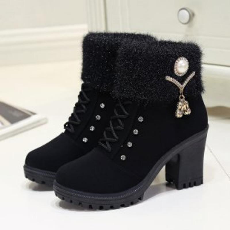 Large Size Fashion Boots Women Wear Winter New Rhinestone Wool Mouth Versatile Fashion Boots Women