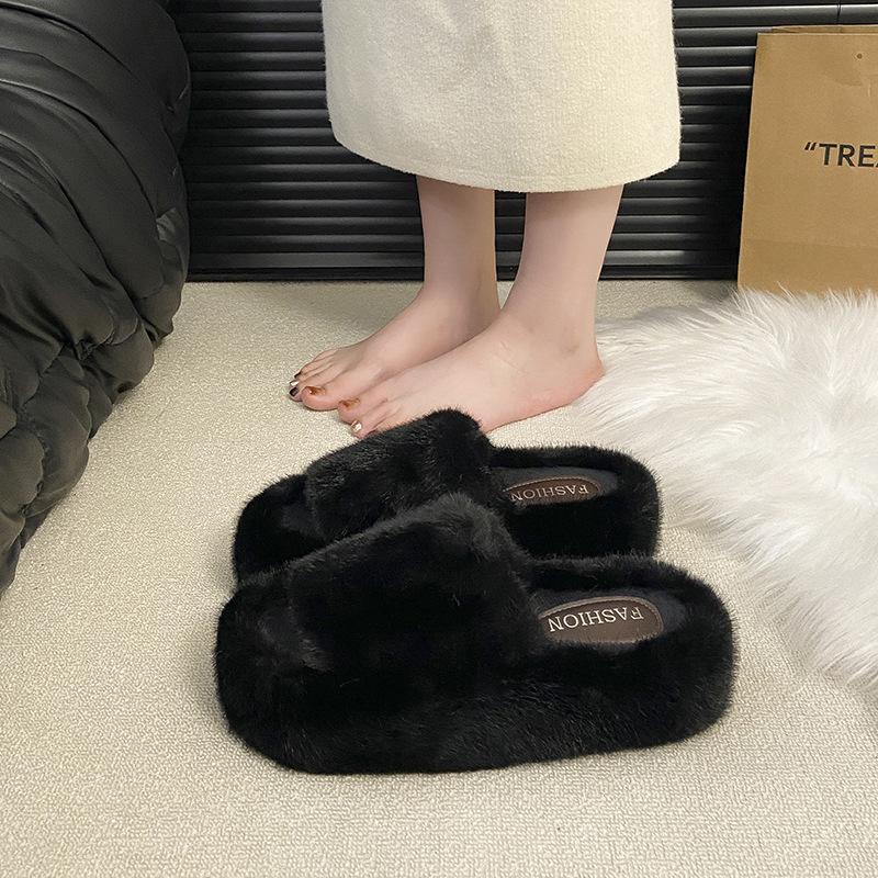 Thick Bottom Heightening Fluffy Slippers Women's Outer Wear 2025 New Autumn and Winter Popular Cotton Tows Cute Cotton Slippers