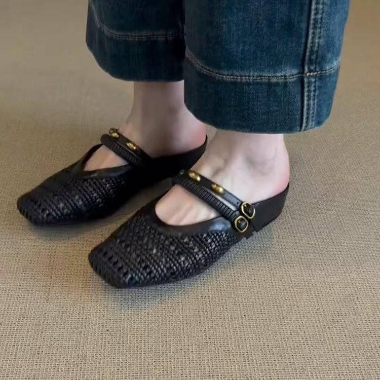 Cowhide version~ New retro French inner height increase woven hollow bag head half slippers Muller cool slippers women