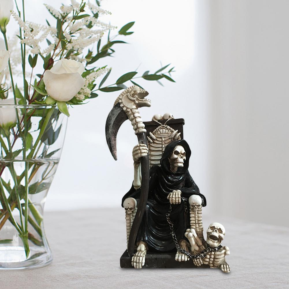 Evil Grim Reaper Statue Reaper On Bone Throne Statue With Scythe For Halloween Spooky Gothic Decoration Sculptures Fantasy Decor