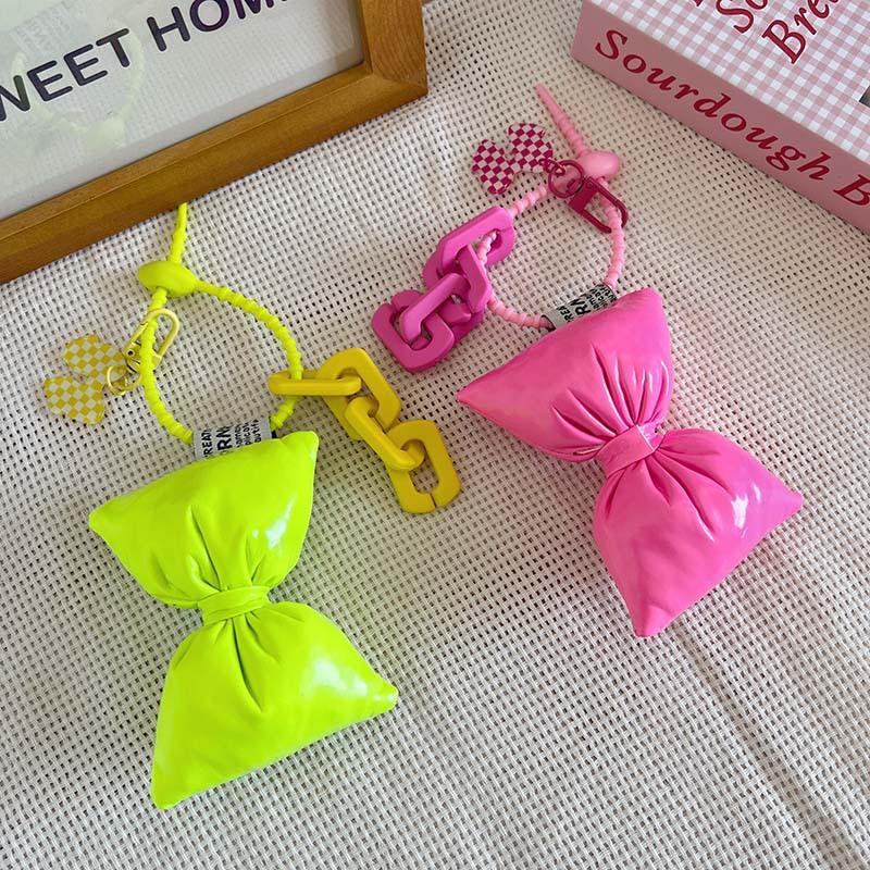 Sweet Bow Leather Cotton Filling Keychain Girl Simple Cute Backpack Pendant Earphone Box Phone Case Decoration