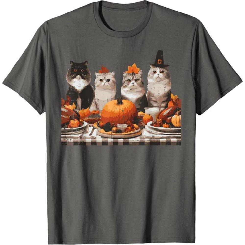 Thanksgiving Cats Dinner Feast Graphic T Shirts Vintage Fall Festival Cartoon Design Woman Man Unisex TShirt Cotton Tee Shirt