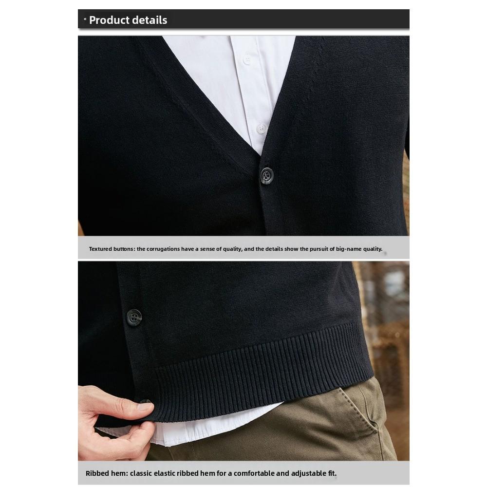 Men 100% Cotton V Neck Knit Cardigan, Slim Fit Long Sleeve Korean Style Casual Sweater Jacket for Autumn Winter