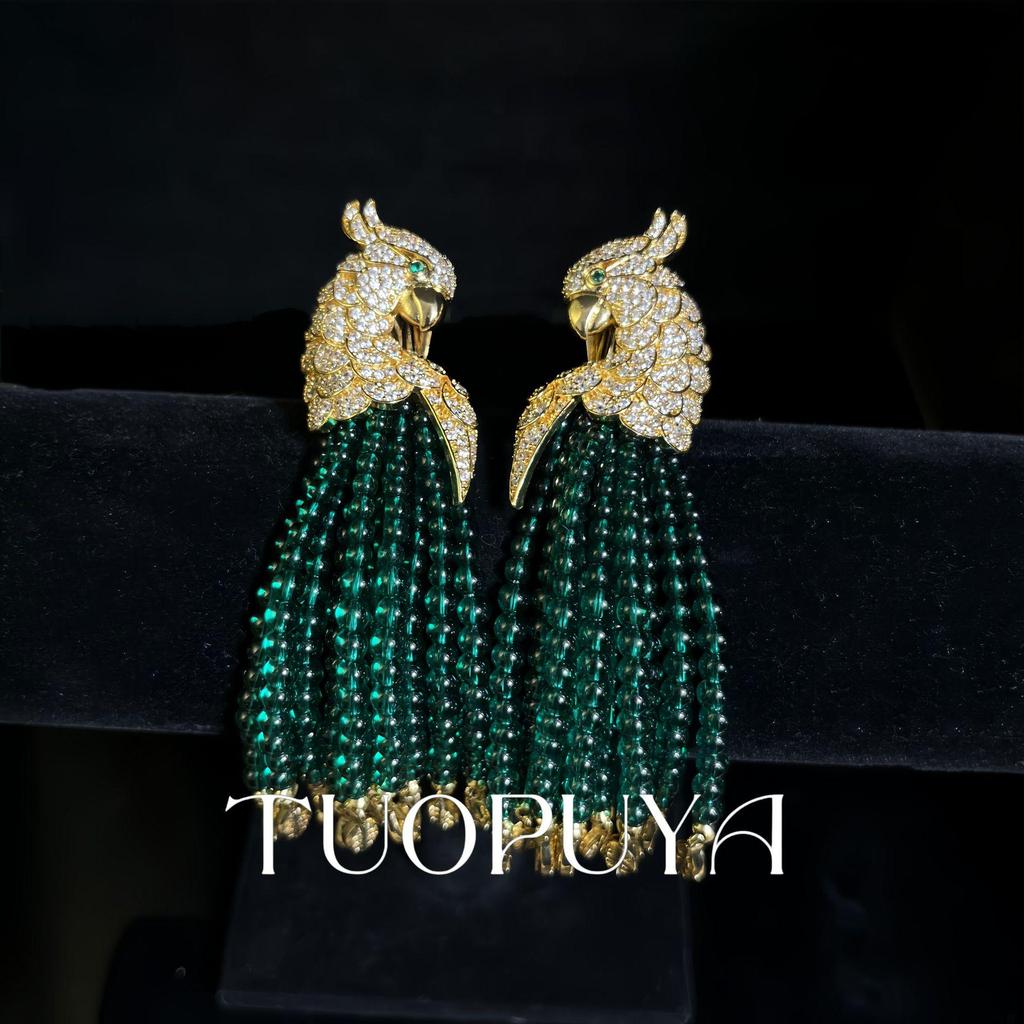 Vintage Zircon Parrot Earrings with Red Tassels and Detailed Craftsmanship