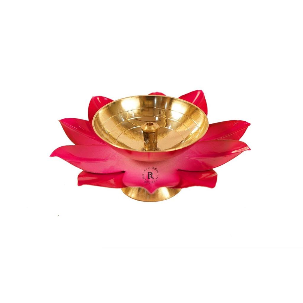 Lotus Flower Shaped Diya - Pack of 1 | Pure Brass Metal Made Metal Diya In Beautful Golden and Red Finish | Ideal for Home, , & Temple Madnir Use