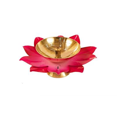Lotusblumenförmiger Diya - 1er-Pack | Aus reinem Messingmetall gefertigter Metalldiya in wunderschönem goldenen und rotem Finish | Ideal für den Gebrauch zu Hause, , & im Tempel Madnir