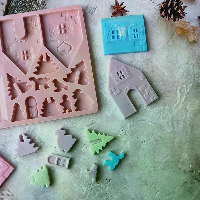 1 Stück Baustein Weihnachtshaus Schokoladenform Silikonform Lebkuchenhaus Keksform Kuchen Fudge Weihnachtsdekoration