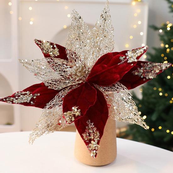 Fleurs de Poinsettia en Tissu à Paillettes de Noël 11 Pouces Grandes Artificielles à Paillettes Ornements d'Arbre de Noël pour Mariage Fête de Fin d'Année