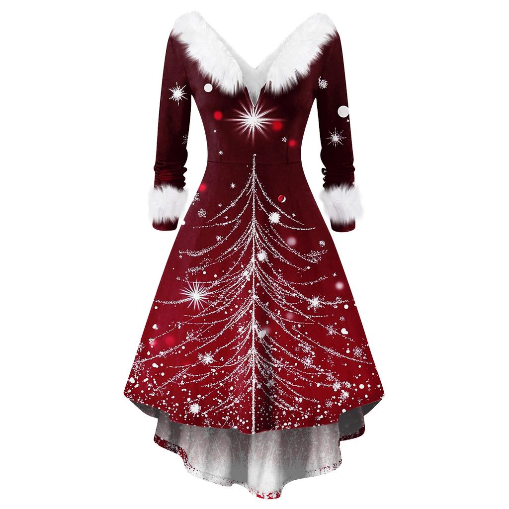 Damen Modisches Lässiges Figurbetontes Weihnachtsdruck Party Langarmkleid