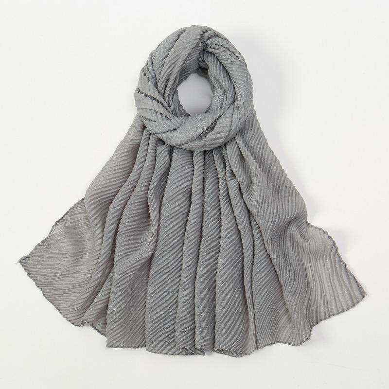 New solid color simple silver silk crumpled long towel elegant women's retro ethnic headscarf fashionable plain versatile yarn