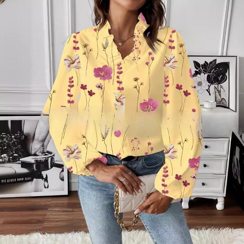 Dámská móda Ležérní jaro podzimní jednobarevné halenky a košile s dlouhým rukávem a výstřihem do V