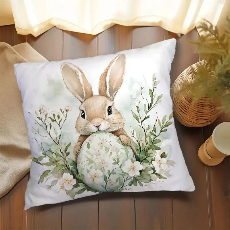 Easter Bunny Floral Egg Pillow Cover Watercolor Spring Decor Soft Microfiber For Sofa Bed Living Room Easter Home Decor Gifts