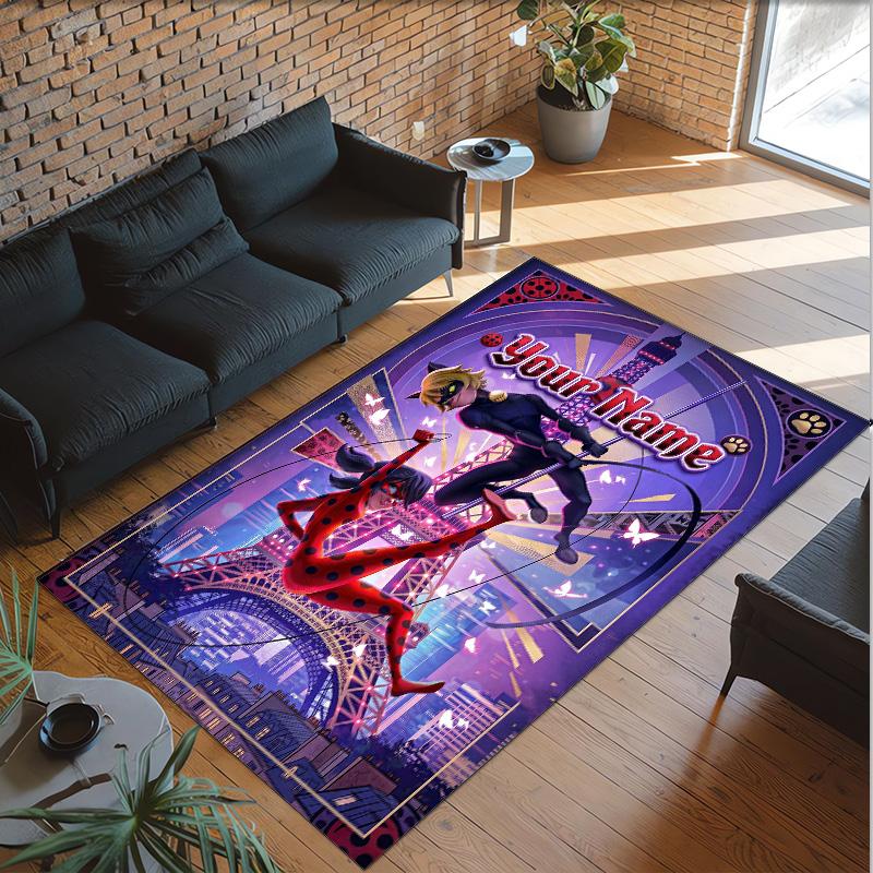Personalized Crystal Velvet Carpet Custom Name Text,Miraculous Ladybug Anti Slip Area Rug For Home Decoration