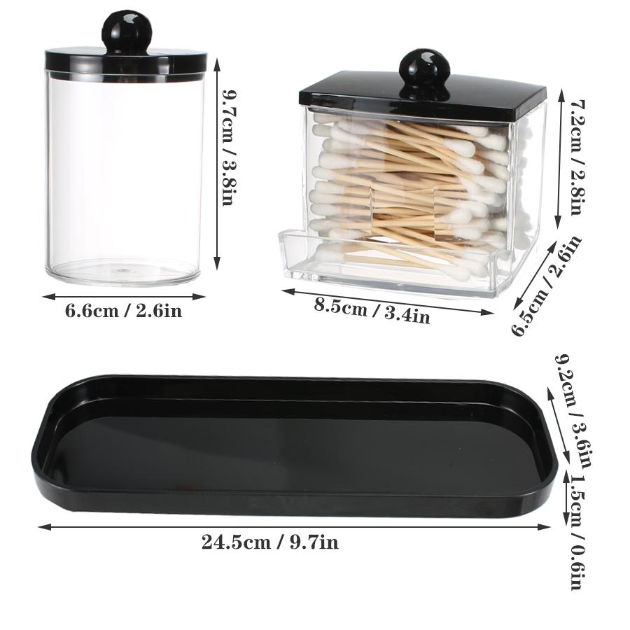 Qtip Holder Bathroom Set with Tray 3 Pack Acrylic Plastic Apothecary Jars Qtip Dispenser Canister with Lid Bathroom Organizers