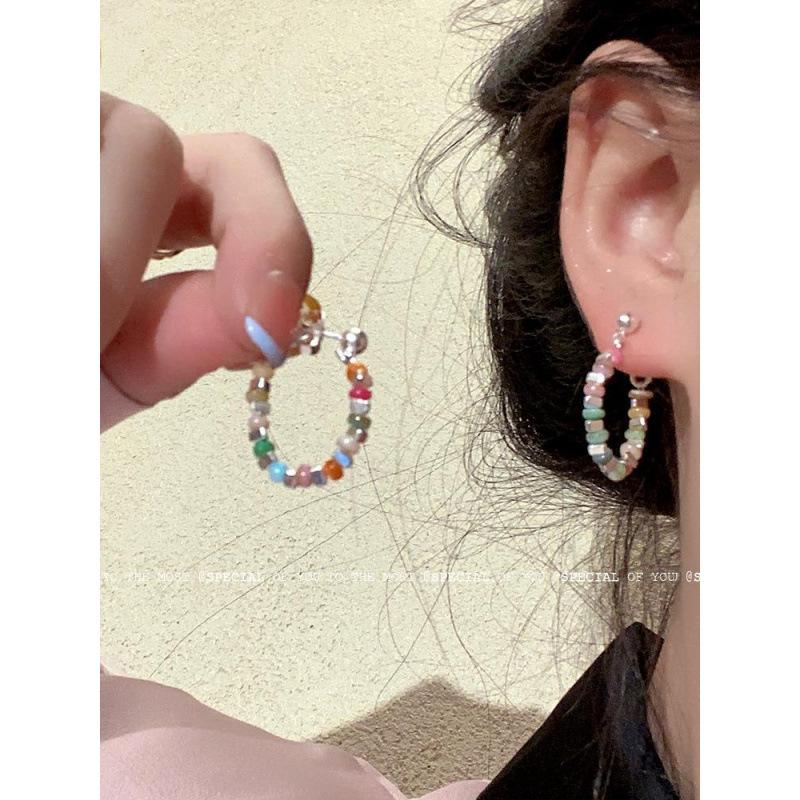 

Handmade beaded colored gravel stud earrings design sense premium earrings light luxury dopamine earrings