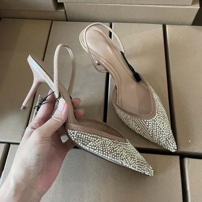 Women Pointed Toe High Heels Stiletto Pumps, Elegant Mesh Embroidery Bead Slingback Shoes, Wedding Party Evening Dress Heels