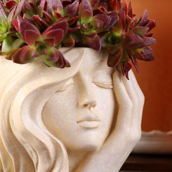 Artistic Women Head Planter Imitation Stone Texture Resin Plant Pot Elegant Female Face Planter for Succulents Indoor Balcony Bedroom Decor