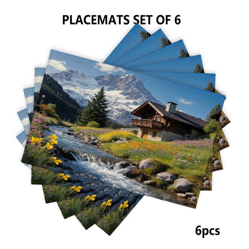 4/6 Stück Rechteckige Tischsets - 12x18 Zoll Alpenhütten-Landschaft Tischsets mit 2D-Element-Design, Strapazierfähige und Waschbare Polyester-Tischsets 6Pcs gray