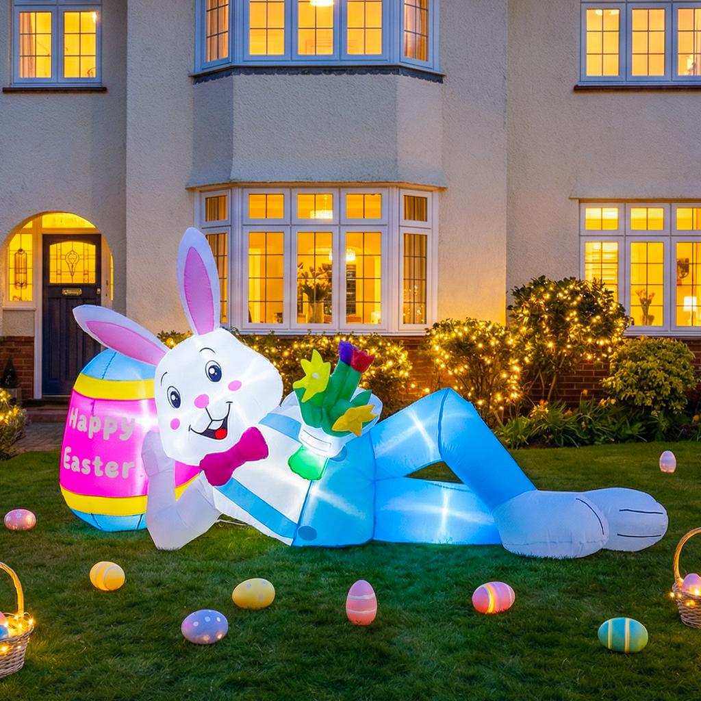 6.5ft Giant Inflatable Easter Bunny with LED Lights Outdoor Decoration - Blow Up Rabbit with Easter Egg and Flowers