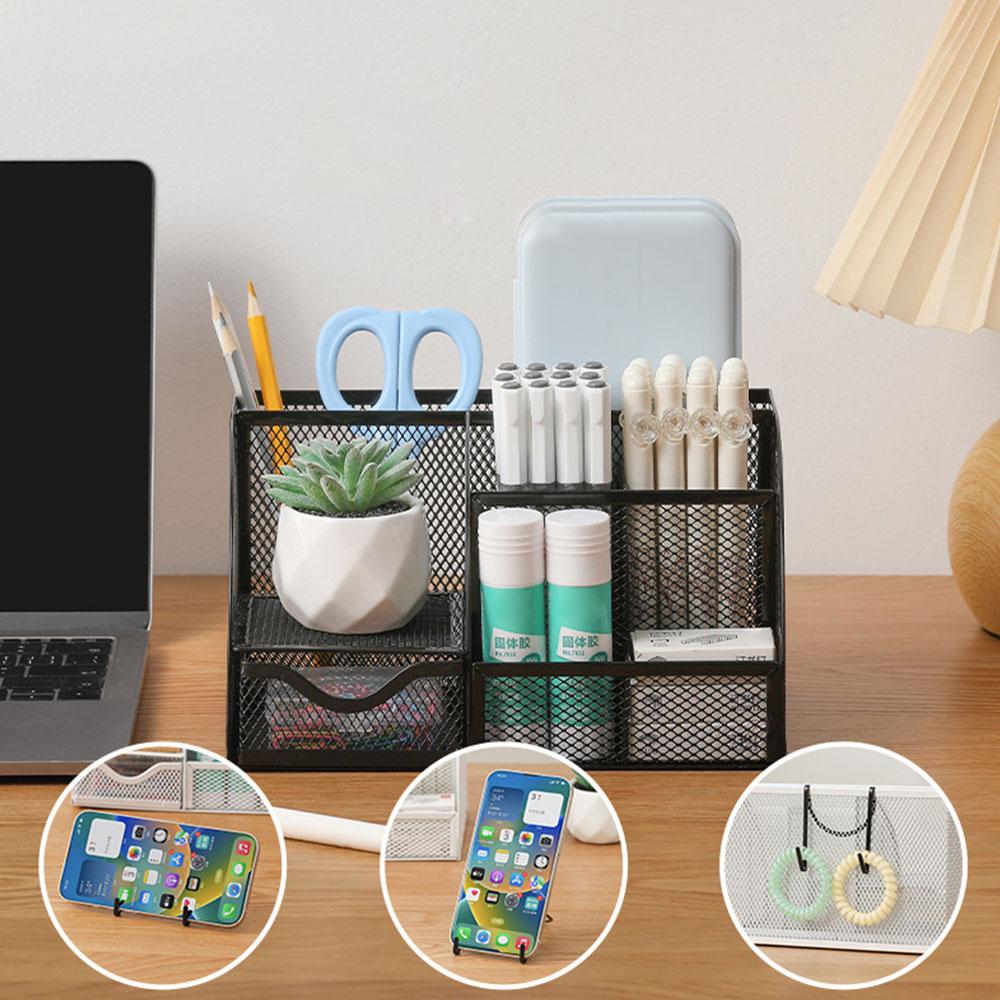 Seven-grid Metal Hollowing Process Organization Multi-functional Combination Pen Holder Korean Stationery Desktop Storage Case
