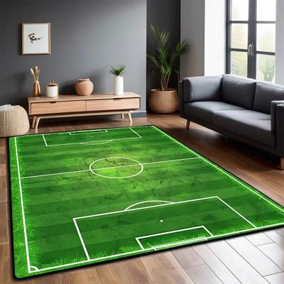Wohnzimmer Teppich mit Fußballplatz-Thema Groß Grün Gras Weiß Fußballfeldlinien Design Rutschfester Teppich für Heimdekoration