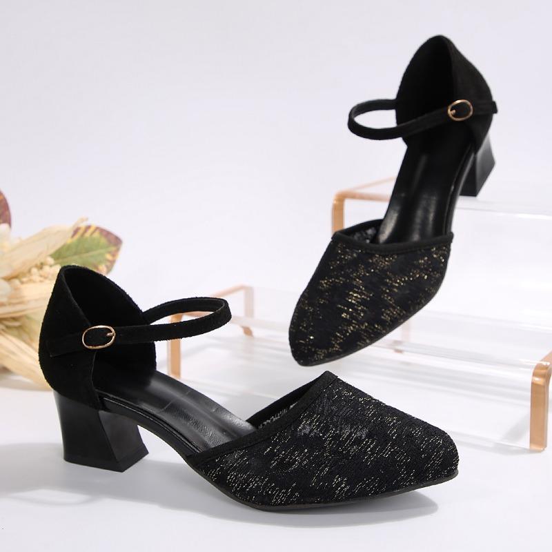 Fashion 2024 Spring and Summer Fashionable Women's Sweet High Quality Black Leather Buckle Strap Toe Sandals Cool European High Heels