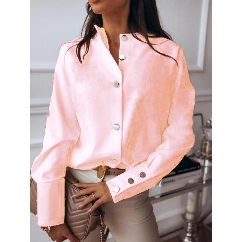 Long Sleeve Stand Collar Office Lady Tops Button Up Women Blouse White Casual Woman Shirt Fashion Black Loose Shirts 10619