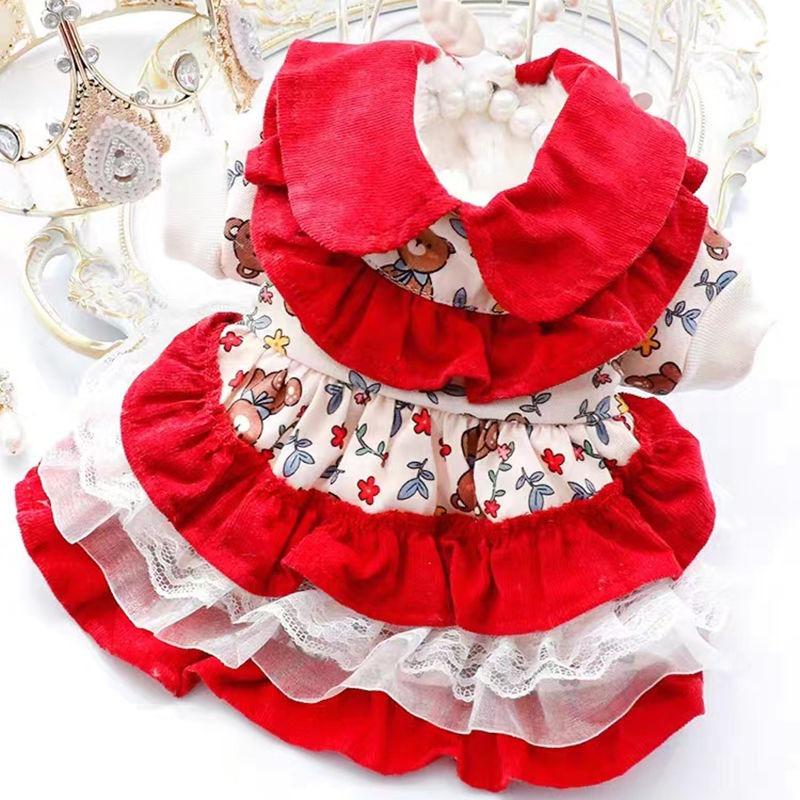 Dog Clothes Autumn and Winter Velvet Warm Double-layer Four-legged Small and Medium-sized Dog Red Lace Skirt Hairless Cat Princess Skirt