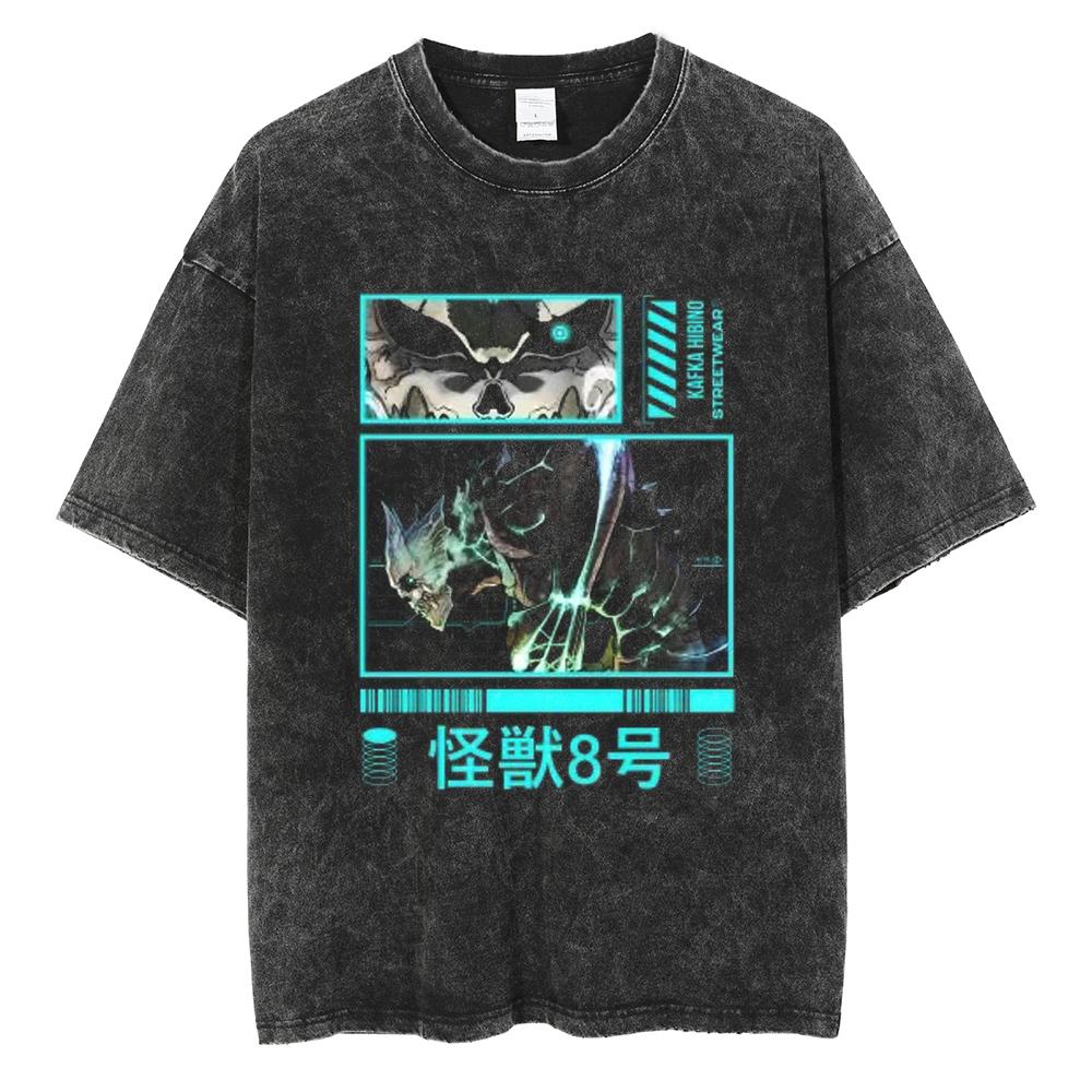 Japan Anime Kaiju No. 8 Cool Print T Shirt Men Women Vintage Washed Cotton Tshirts Oversized T-shirt Harajuku Male Y2k Tee