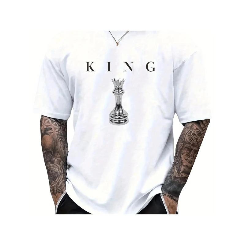 European sizes Men'S Heavy T-Shirt by THE KING - Black with Chess King Design, Casual Short Sleeve Round Neck Shirt
