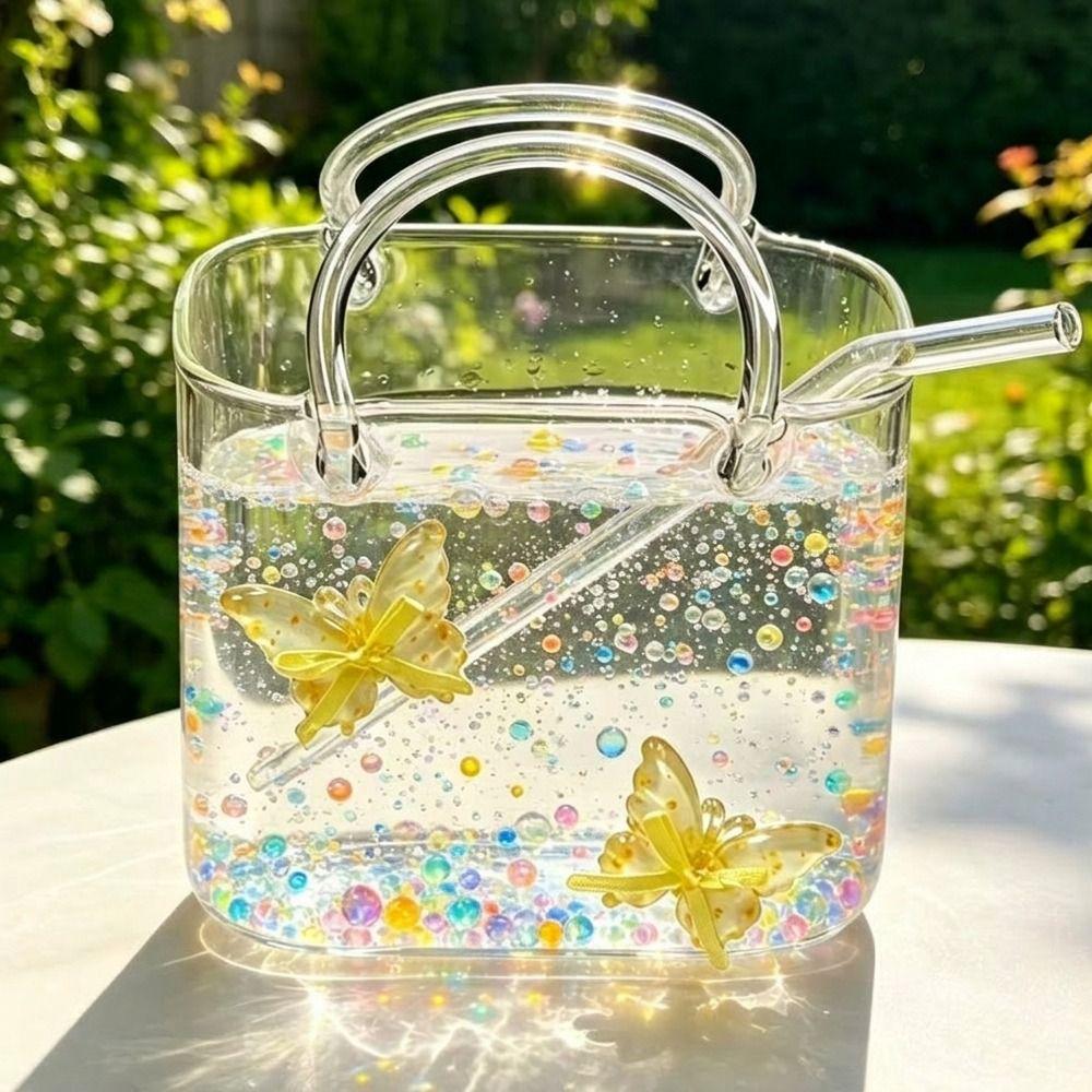 Novelty Handbag Glass Cup with Straw 750ml Capacity Creative Cocktail Glasses Transparent Portable Fruit Wine Glass Bar Tools