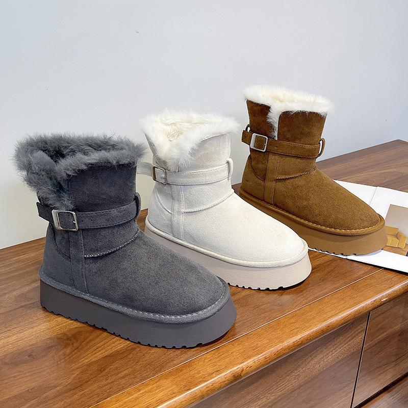 Women's Large Size Thick Bottom Heightening Winter Warm Fur One Snow Boots Padded Lined Ankle Boots Anti-slip Hiking Sneakers Cotton Boots