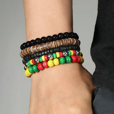 Set di 5 Braccialetti Impilabili Colorati Stile Reggae Boho Etnico Fatto a Mano Regali Rosso Giallo Verde Nero Braccialetto da Polso con Perline in Legno