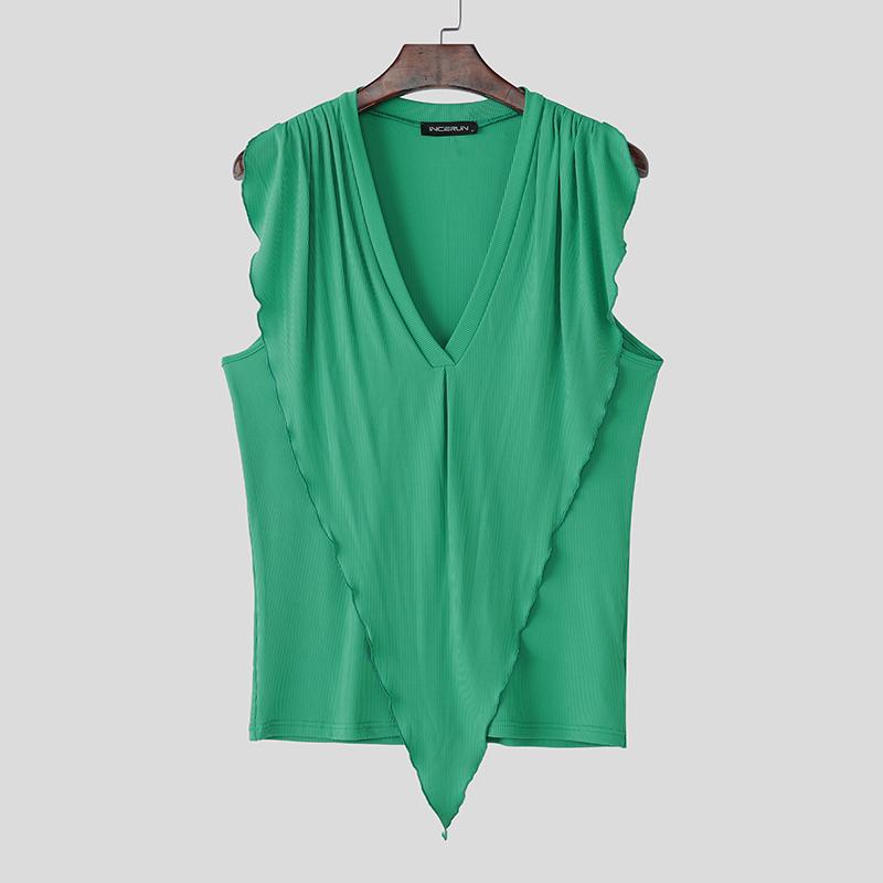 INCERUN Men Summer Deep V Sleeveless Ruffled Layers Casual Loose Tank Tops