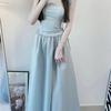 Blue Square Neck Suspender Dress Women's Summer New Splicing Skirt Feeling Waist and Thin Long Dress Women's Clothing
