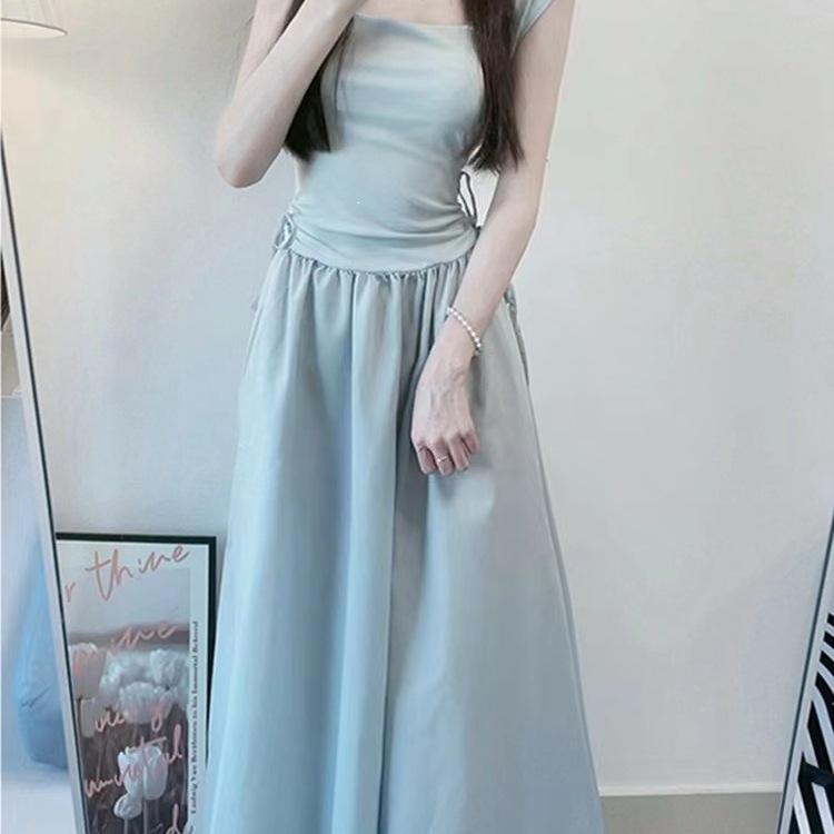 Blue Square Neck Suspender Dress Women's Summer New Splicing Skirt Feeling Waist and Thin Long Dress Women's Clothing
