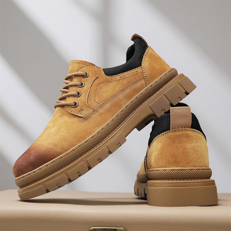 Mens Leather Casual Shoes New Retro Thick Sole Wear-resistant Comfortable Lace Up Flat Sneakers Outdoor Male Walking Shoes