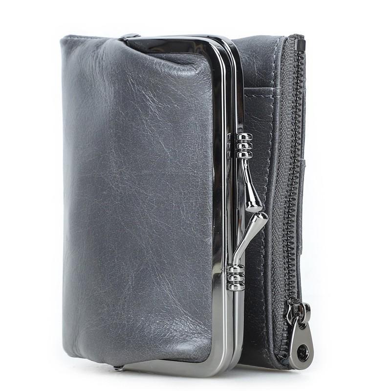 Head Layer Cowhide RFID Anti Magnetic Women's Wallet Casual Iron Hinge Multifunctional Short Leather