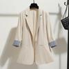Damen Anzugjacke Revers 3/4 Ärmel Gestreifte Manschetten Anzugjacke Einknopf Taschen Design Lockere Passform Business Arbeitskleidung