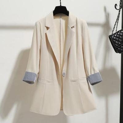 Costum pentru femei Jachetă cu rever mâneci 3/4 cu manșete în dungi Jachetă pentru costum cu buzunare cu un singur buton Design cu îmbrăcăminte largi pentru afaceri